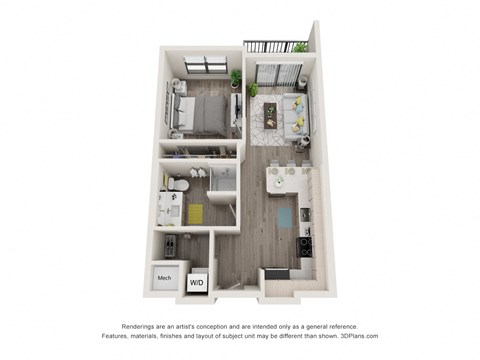 Floor plan for 1 bed, 1 bath, 594 sqft